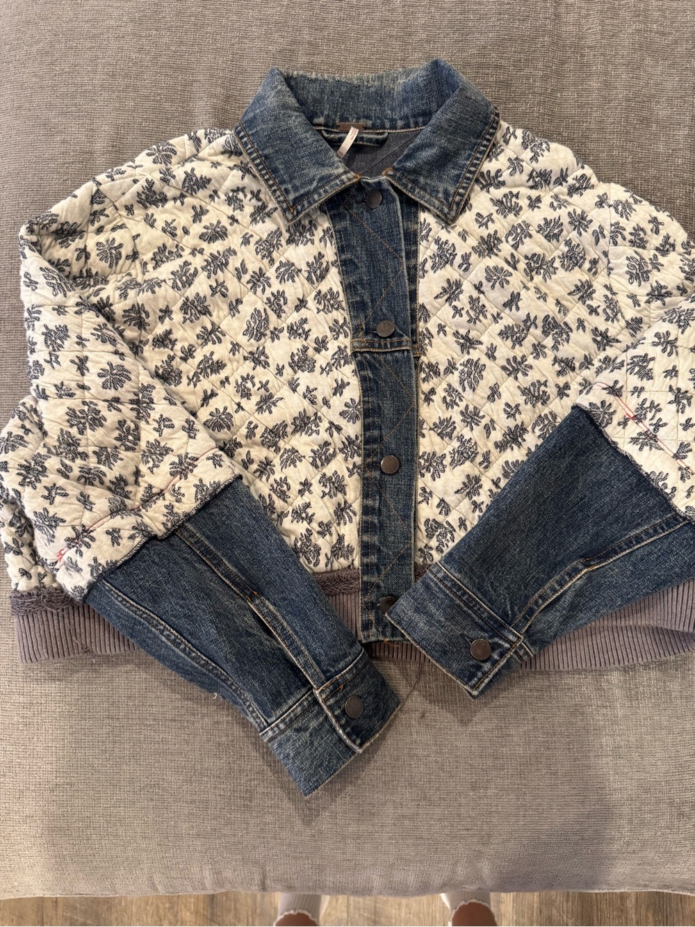 Free people Quilted Floral Denim Jacket - Blue & Cream